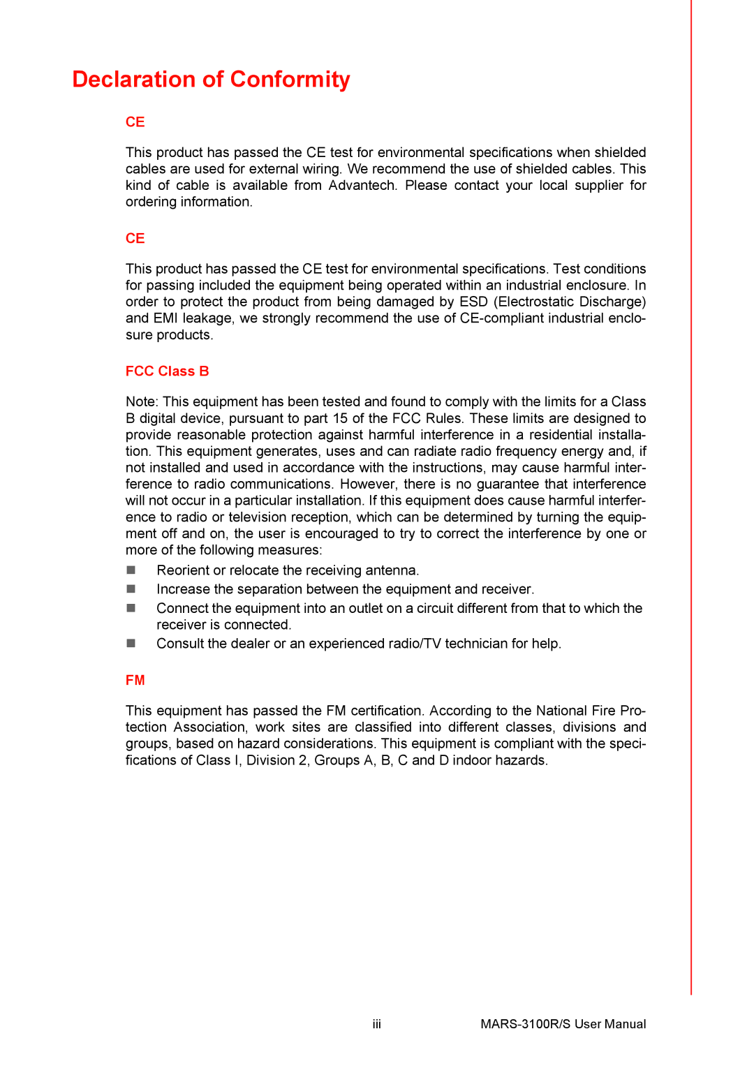 Arkon MARS-3100R/S user manual Declaration of Conformity, FCC Class B 