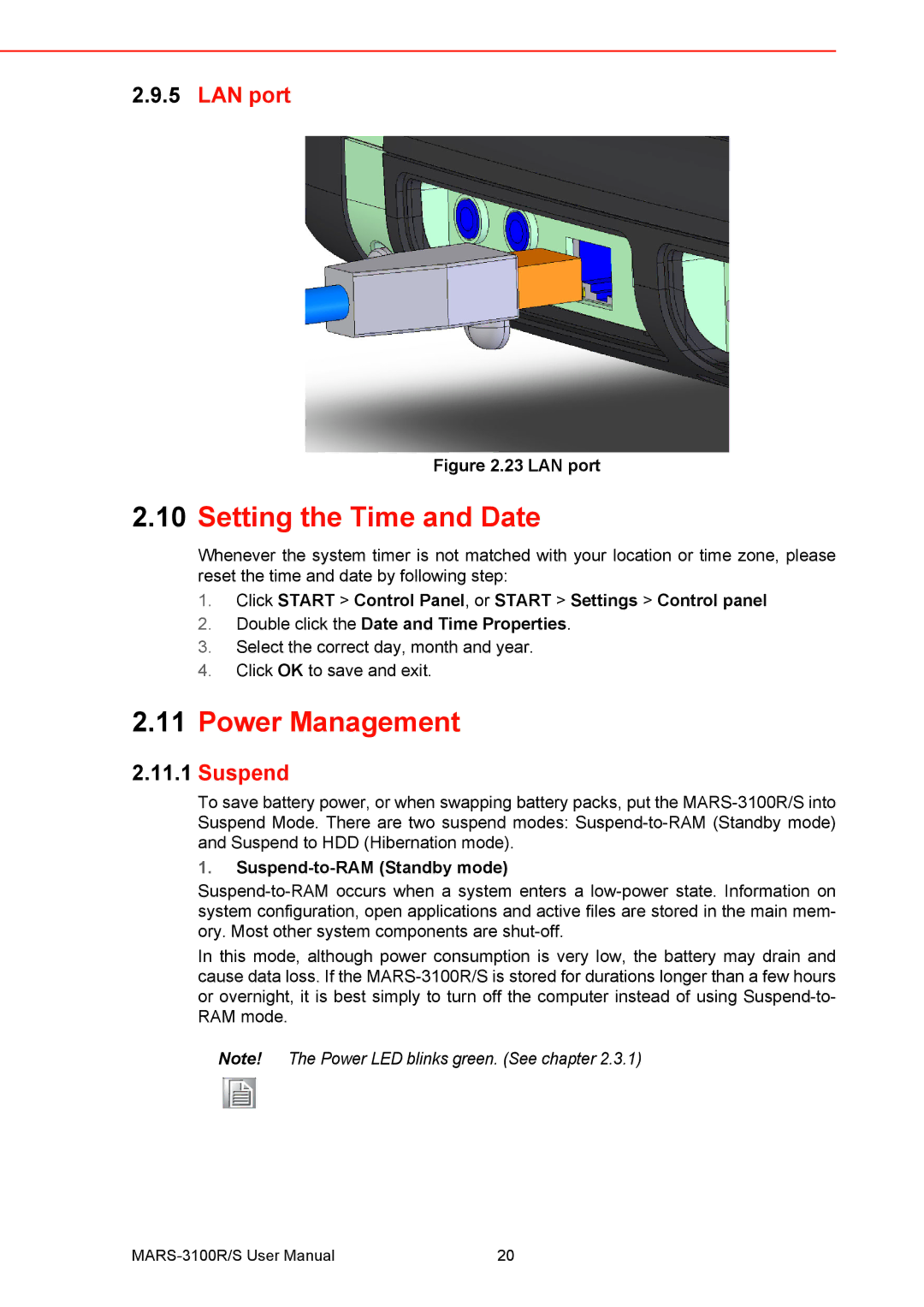 Arkon MARS-3100R/S user manual Setting the Time and Date, Power Management, LAN port, Suspend-to-RAM Standby mode 