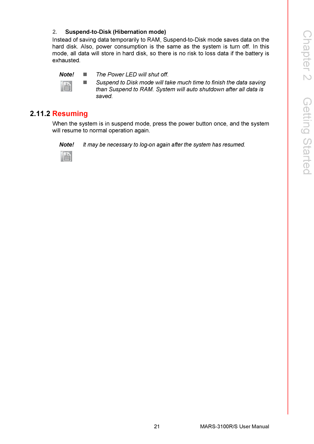 Arkon MARS-3100R/S user manual Resuming, Suspend-to-Disk Hibernation mode 