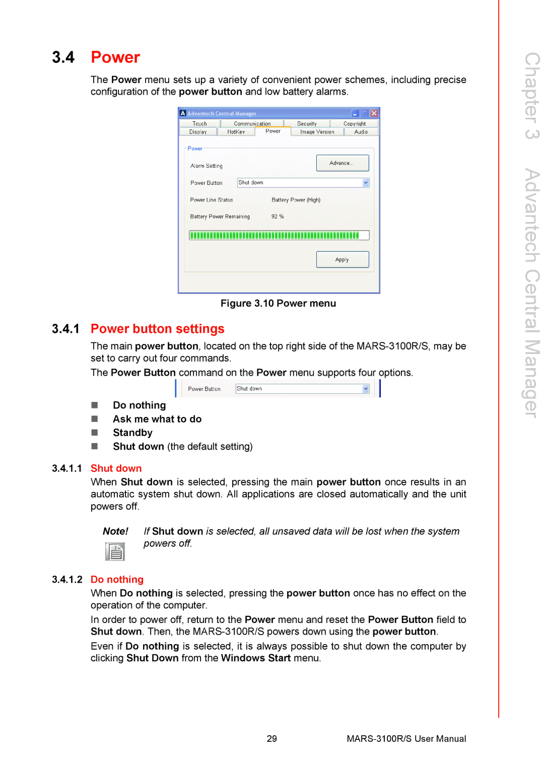 Arkon MARS-3100R/S user manual Power button settings, Do nothing Ask me what to do Standby, Shut down 