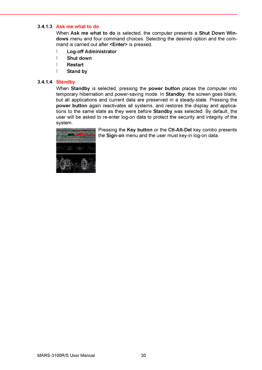 Arkon MARS-3100R/S user manual Ask me what to do, Log-off Administrator Shut down Restart Stand by, Standby 