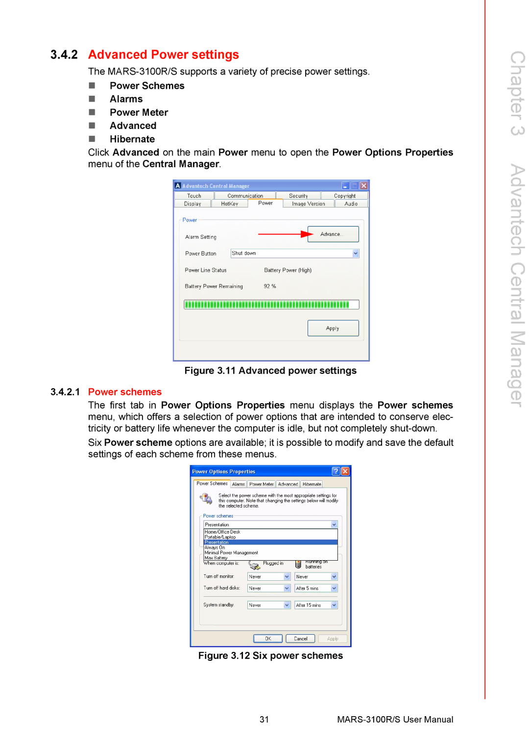 Arkon MARS-3100R/S user manual Advanced Power settings, Power schemes 