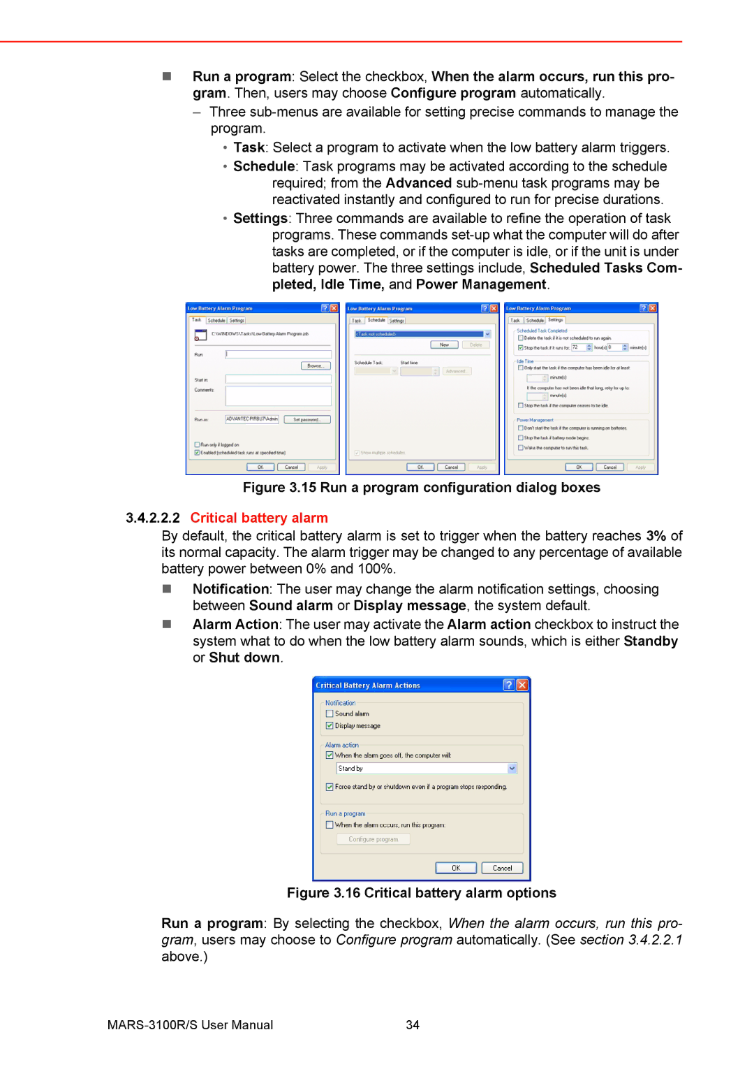 Arkon MARS-3100R/S user manual Run a program configuration dialog boxes, Critical battery alarm 