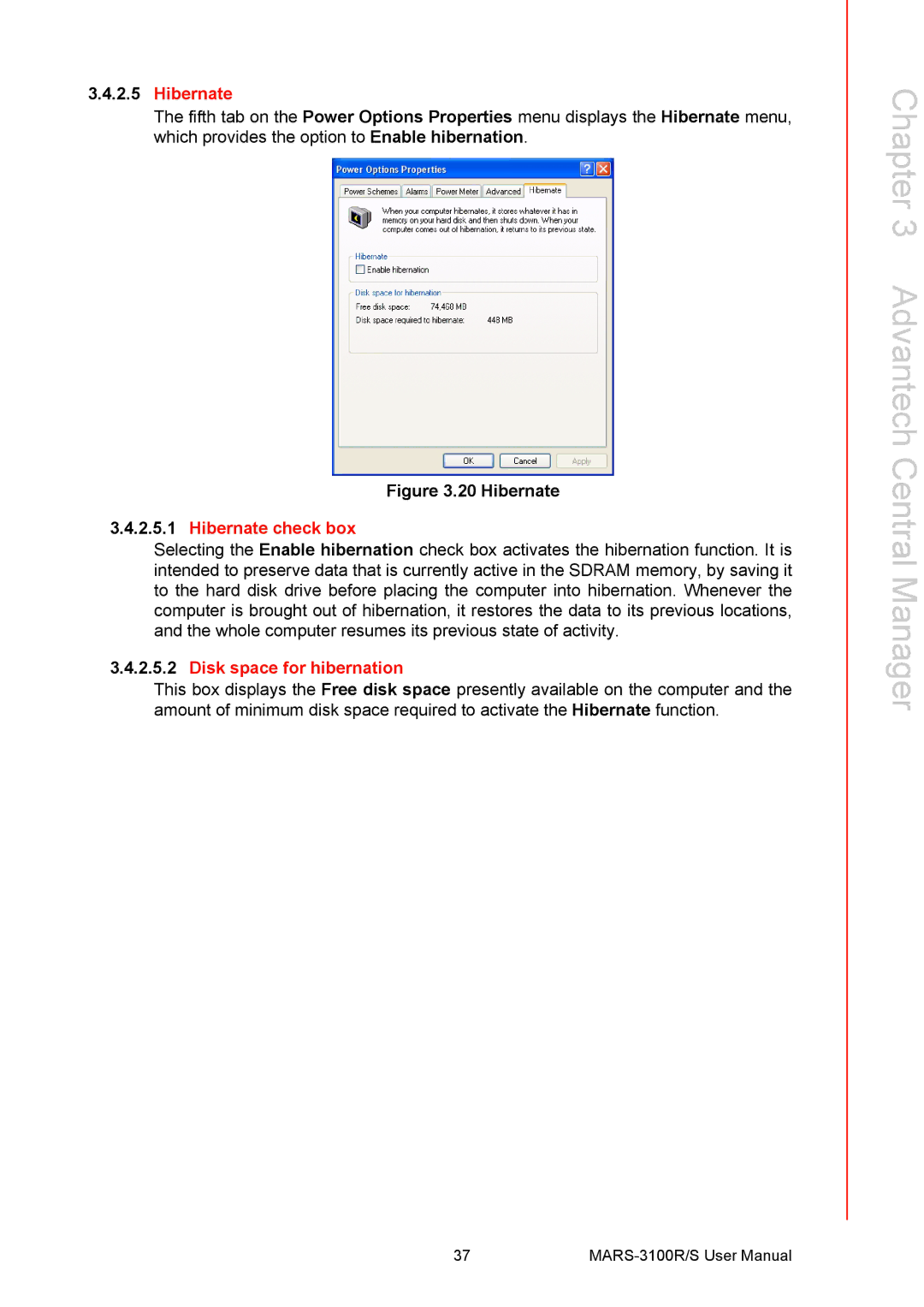 Arkon MARS-3100R/S user manual Hibernate check box, Disk space for hibernation 