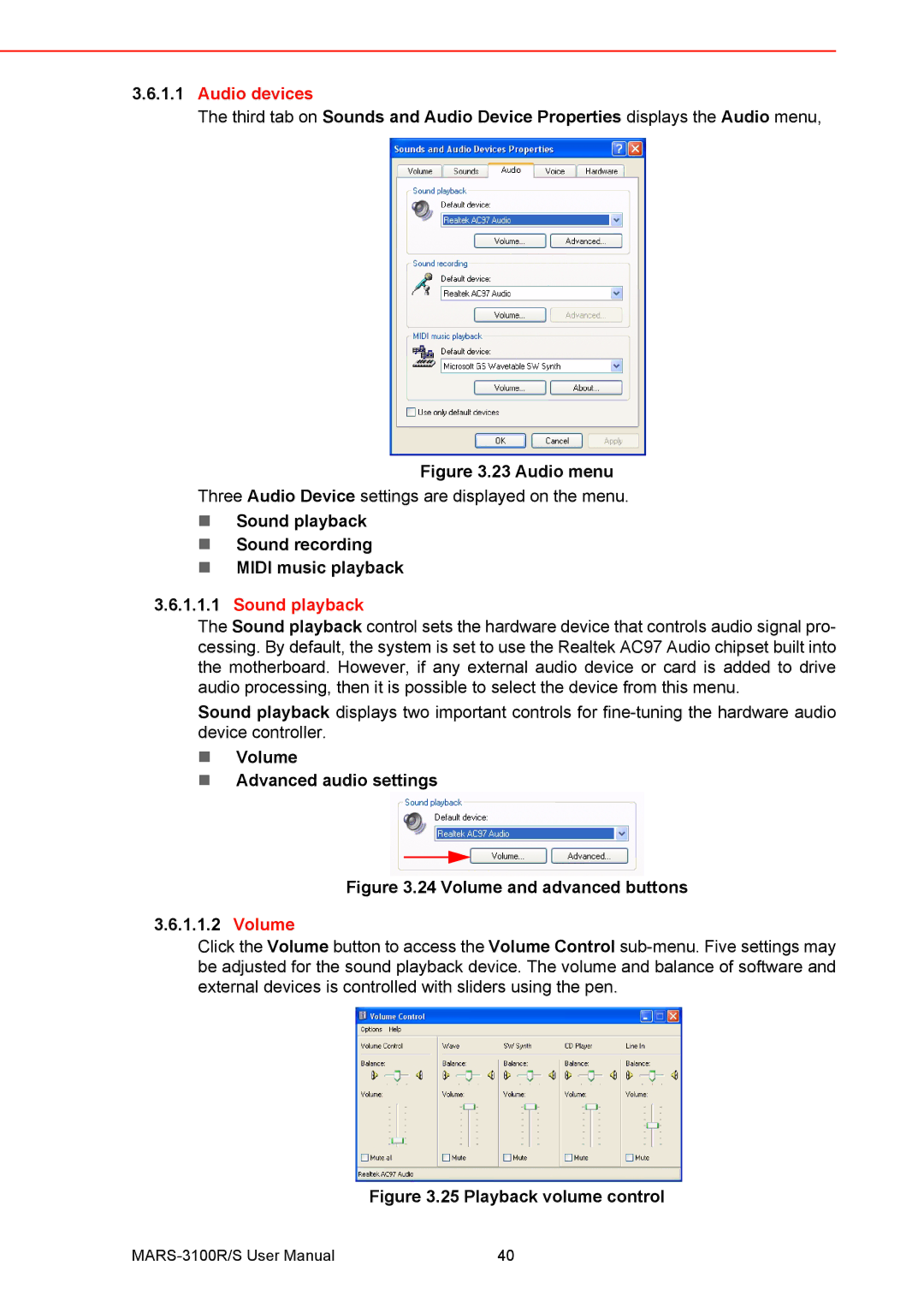 Arkon MARS-3100R/S Audio devices, Sound playback Sound recording Midi music playback, Volume Advanced audio settings 