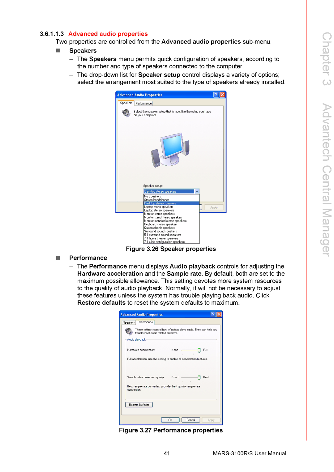 Arkon MARS-3100R/S user manual Advanced audio properties, Speakers 