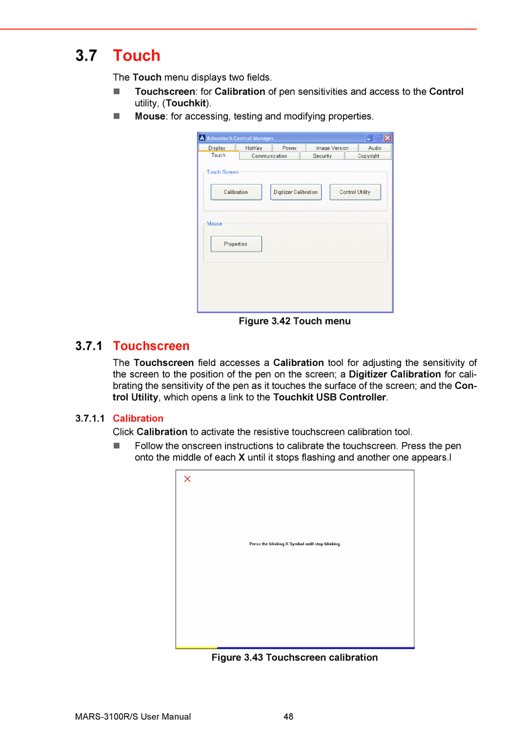 Arkon MARS-3100R/S user manual Touchscreen, Calibration 