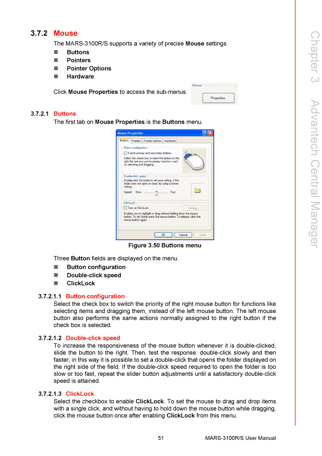 Arkon MARS-3100R/S user manual Mouse, Buttons, Button configuration, Double-click speed, ClickLock 