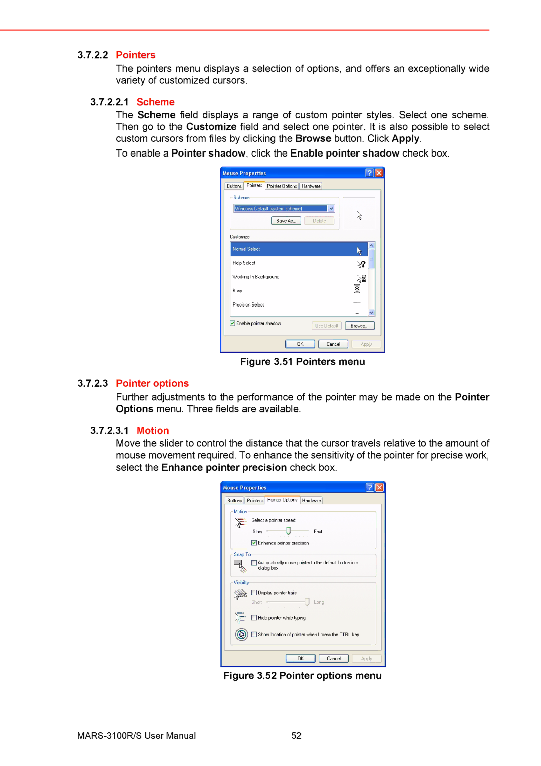 Arkon MARS-3100R/S user manual Pointers, Scheme, Pointer options, Motion 