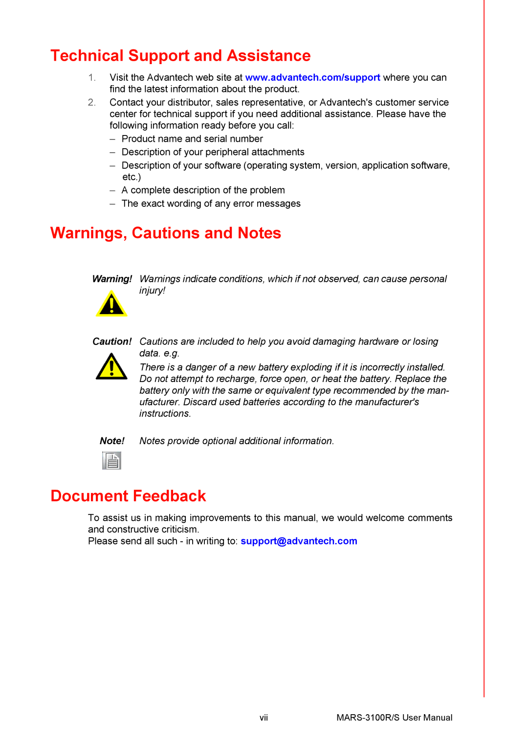 Arkon MARS-3100R/S user manual Technical Support and Assistance, Document Feedback 