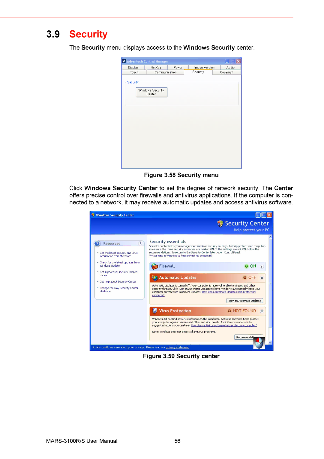 Arkon MARS-3100R/S user manual Security menu 