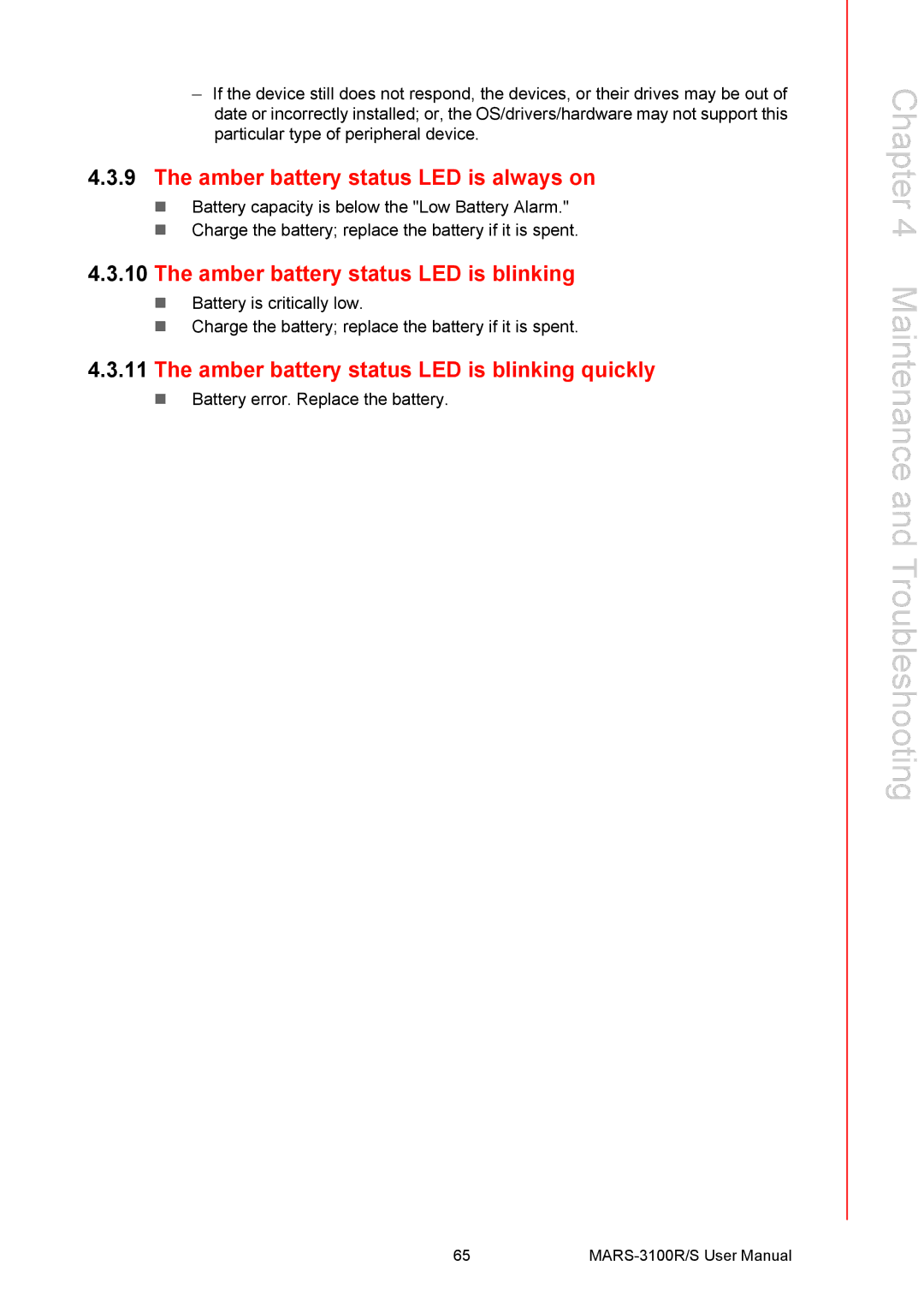 Arkon MARS-3100R/S user manual Amber battery status LED is always on, Amber battery status LED is blinking 