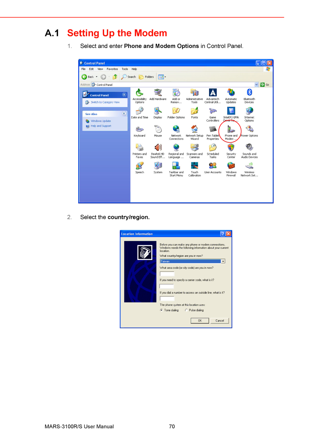 Arkon MARS-3100R/S user manual Setting Up the Modem, Select the country/region 