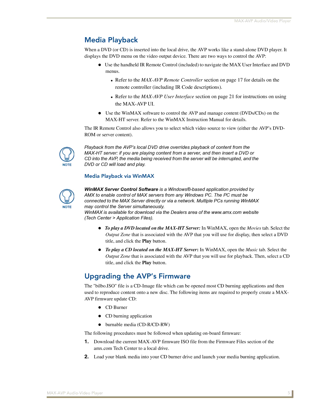 Arkon MAX-AVP manual Upgrading the AVP’s Firmware, Media Playback via WinMAX 