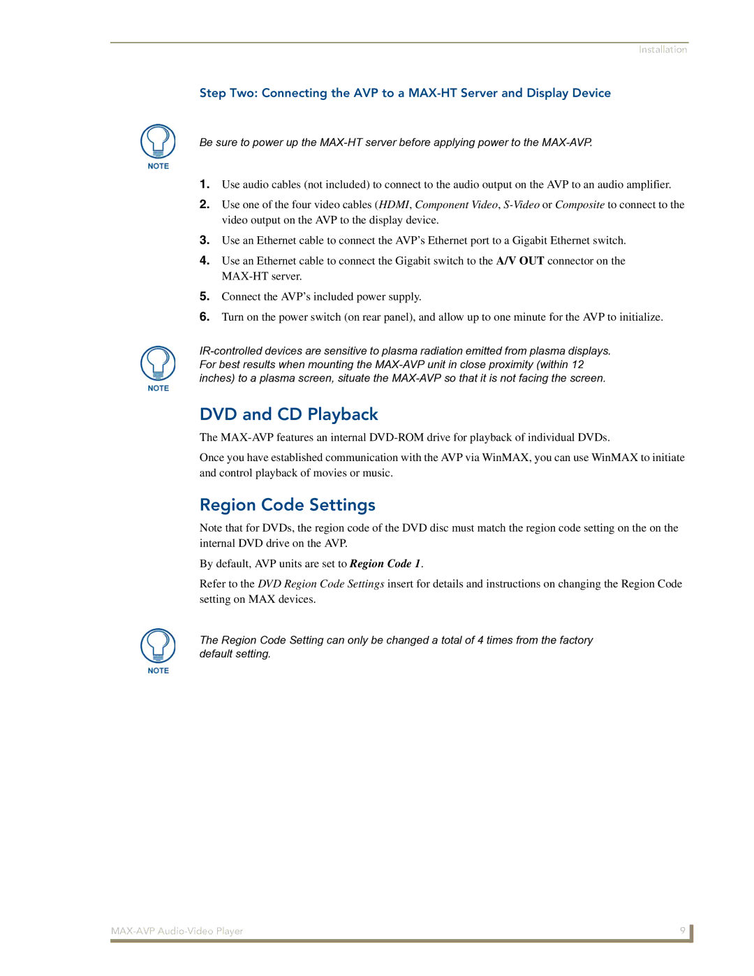 Arkon MAX-AVP manual DVD and CD Playback, Region Code Settings 