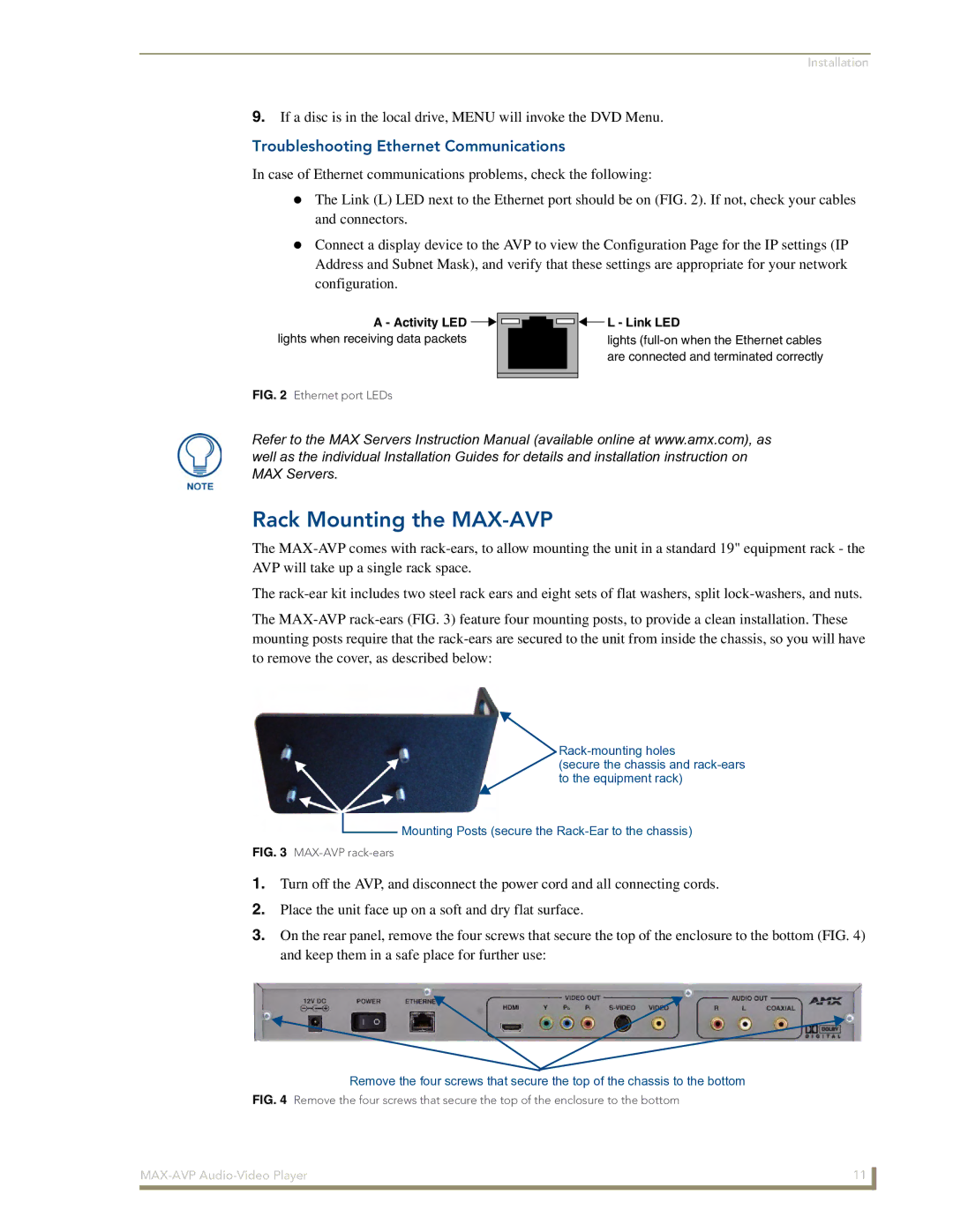 Arkon manual Rack Mounting the MAX-AVP, Troubleshooting Ethernet Communications 