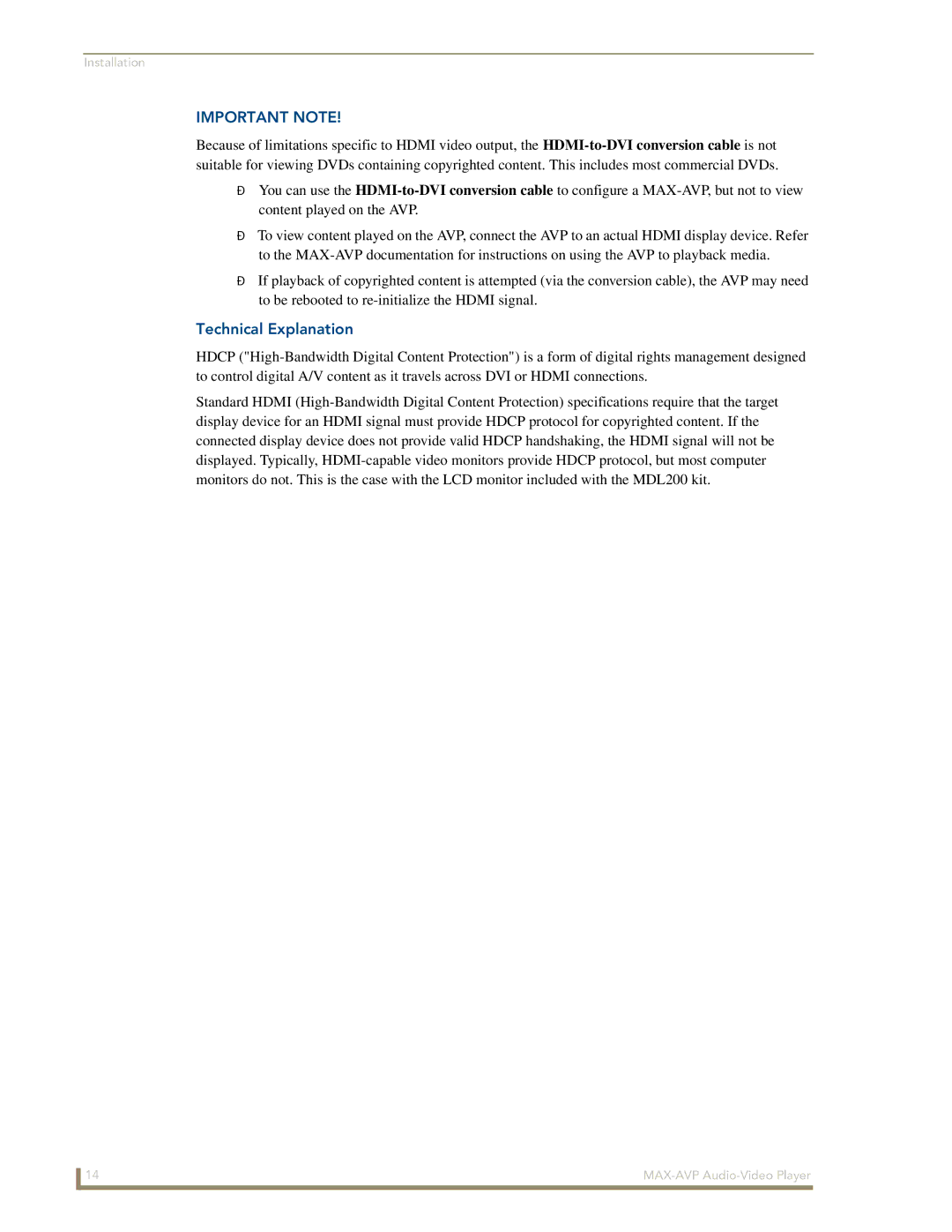 Arkon MAX-AVP manual Important Note, Technical Explanation 