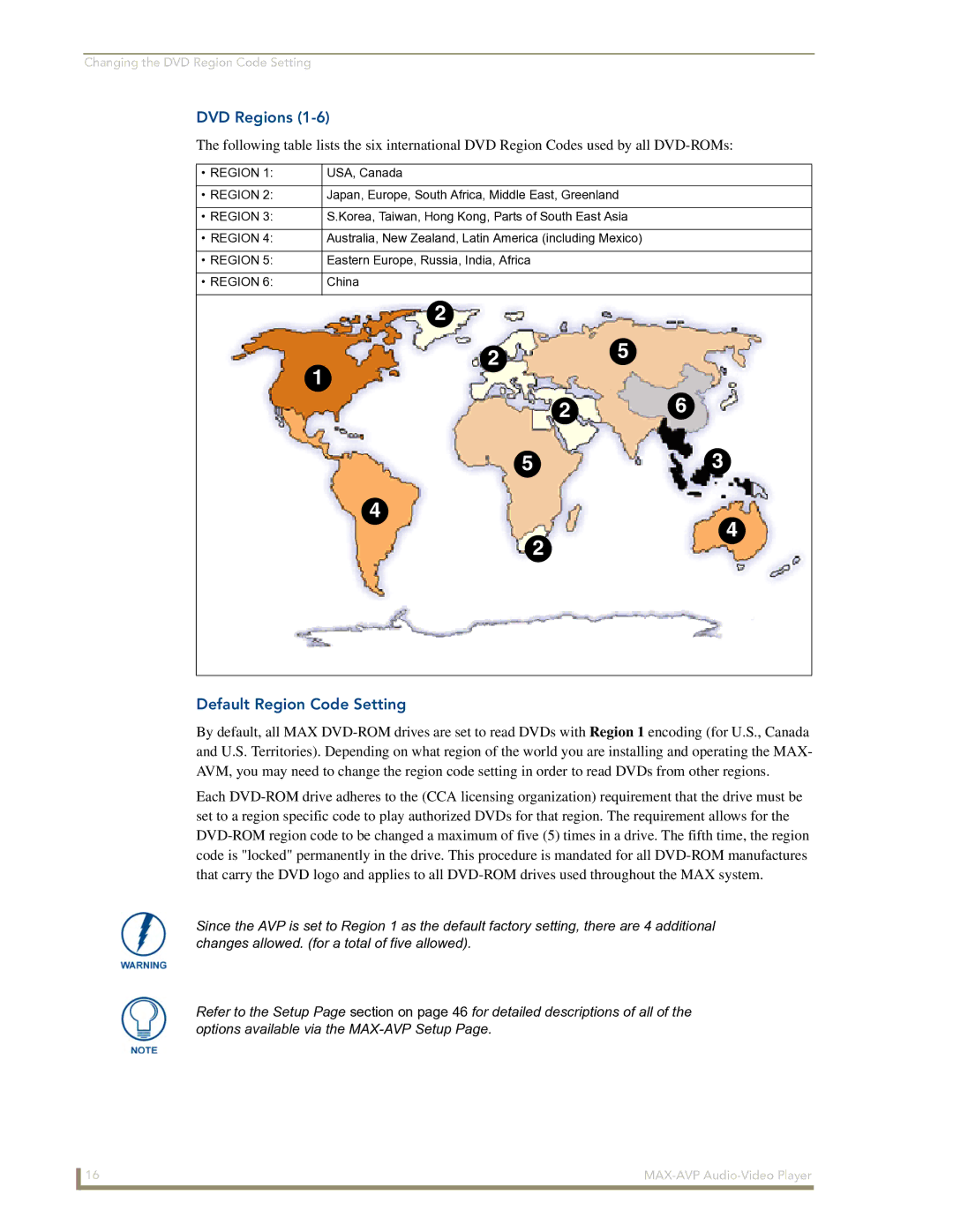 Arkon MAX-AVP manual DVD Regions, Default Region Code Setting 