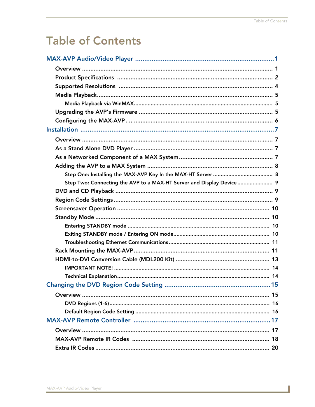 Arkon MAX-AVP manual Table of Contents 