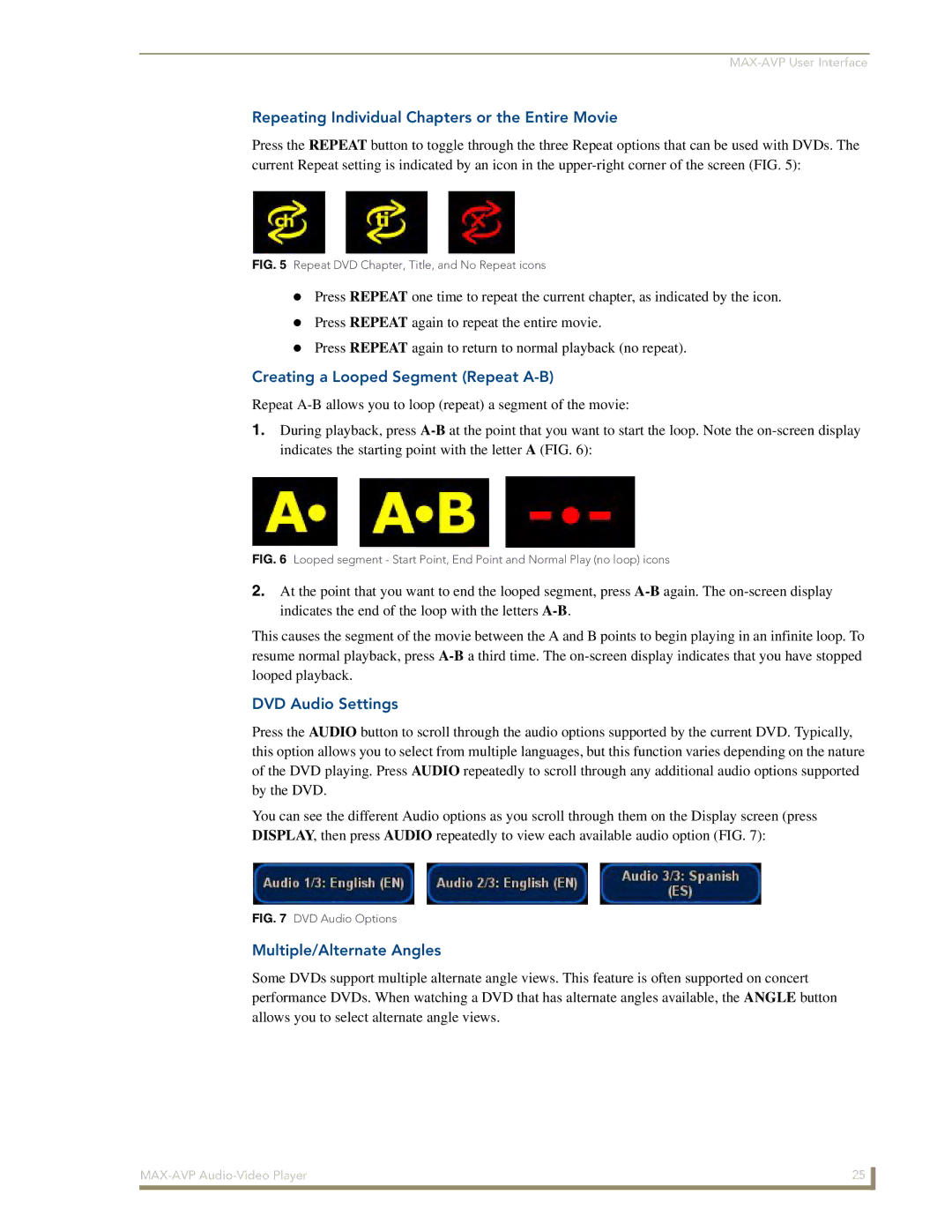 Arkon MAX-AVP Repeating Individual Chapters or the Entire Movie, Creating a Looped Segment Repeat A-B, DVD Audio Settings 