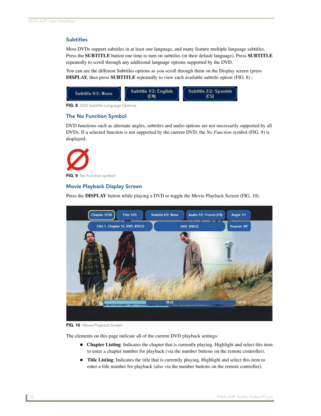 Arkon MAX-AVP manual Subtitles, No Function Symbol, Movie Playback Display Screen 
