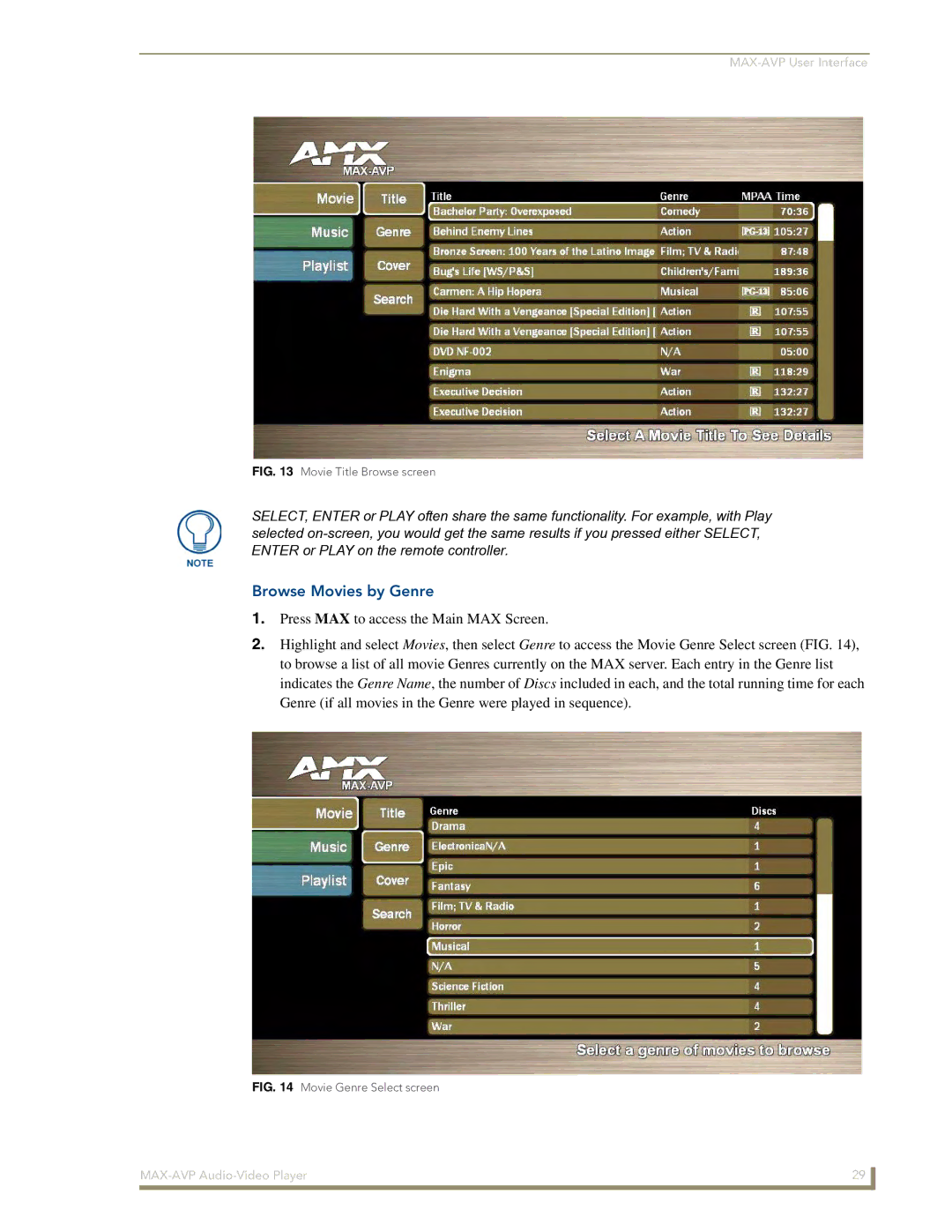 Arkon MAX-AVP manual Browse Movies by Genre, Movie Title Browse screen 