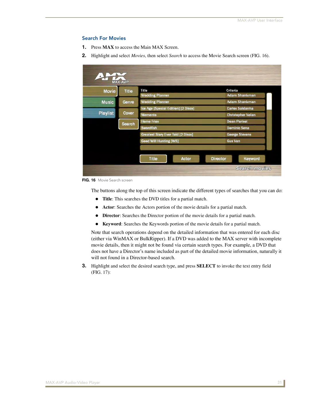 Arkon MAX-AVP manual Search For Movies, Movie Search screen 