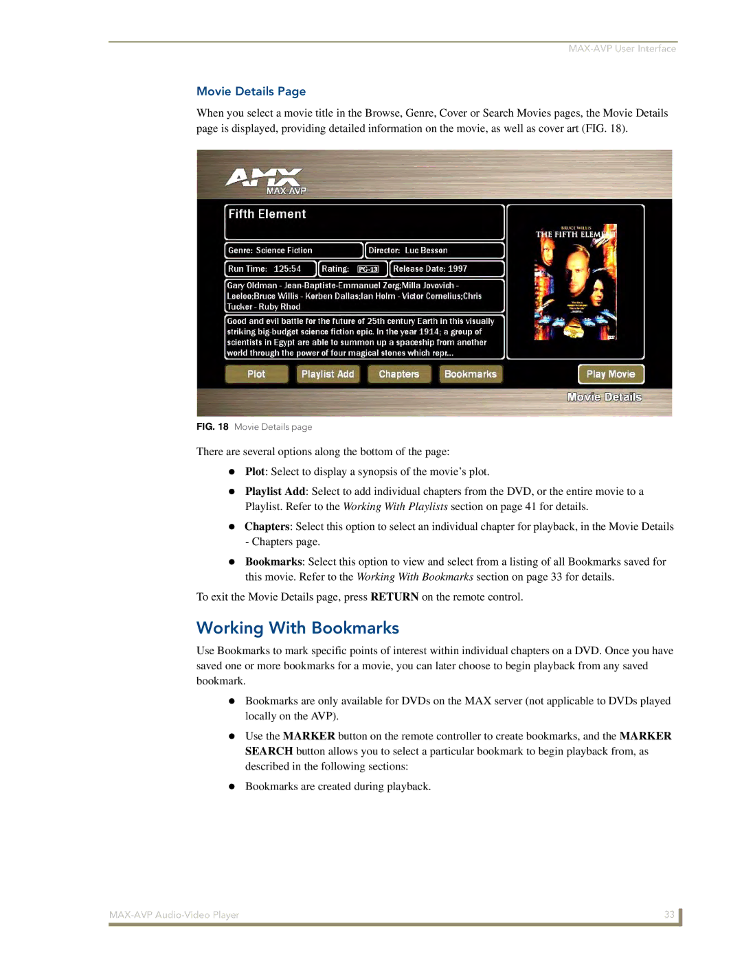 Arkon MAX-AVP manual Working With Bookmarks, Movie Details 