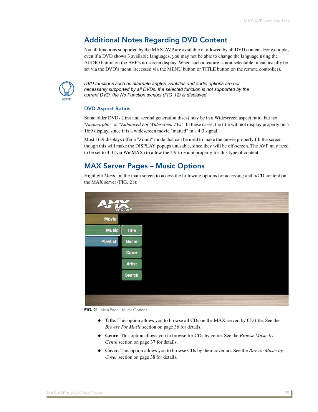 Arkon MAX-AVP manual Additional Notes Regarding DVD Content, MAX Server Pages Music Options, DVD Aspect Ratios 