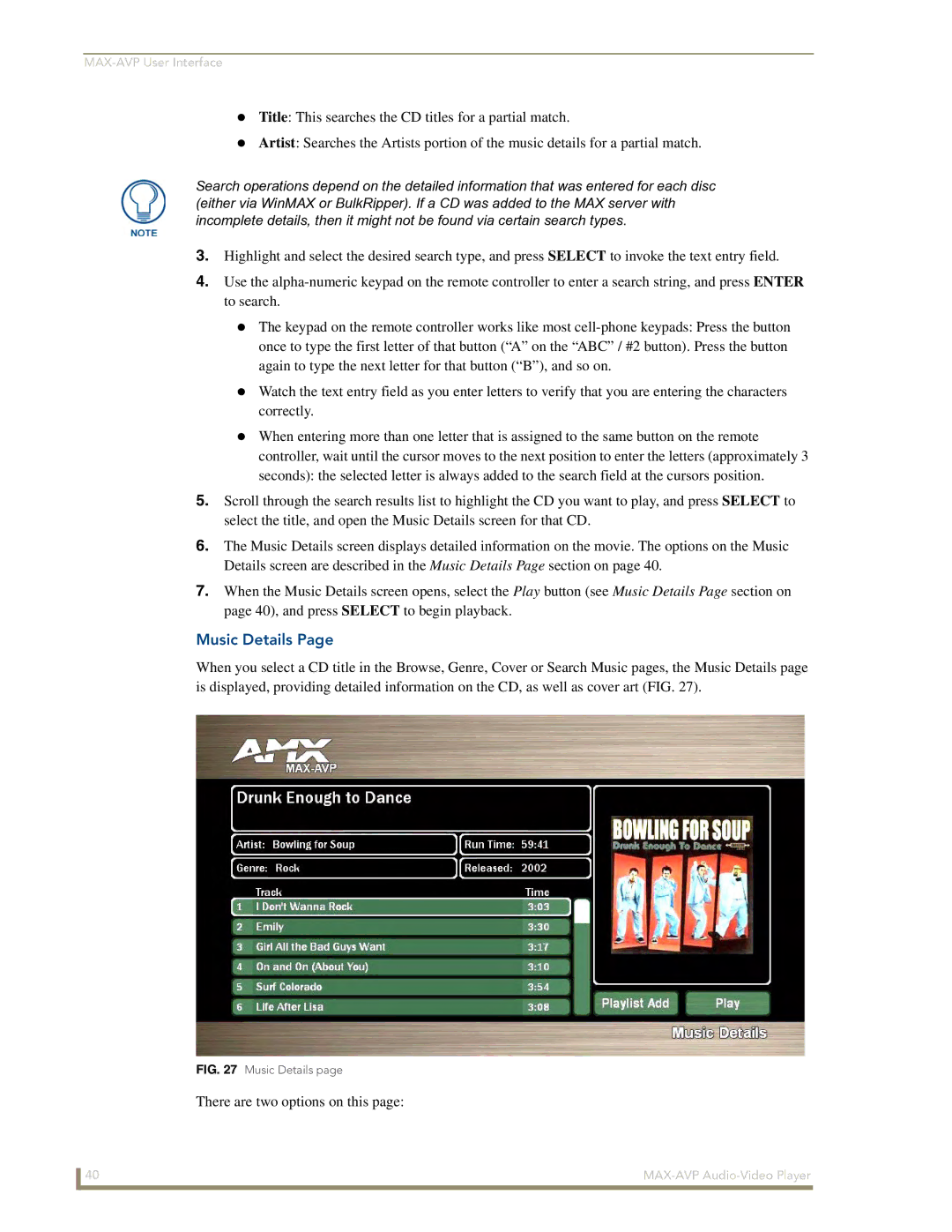 Arkon MAX-AVP manual Music Details 