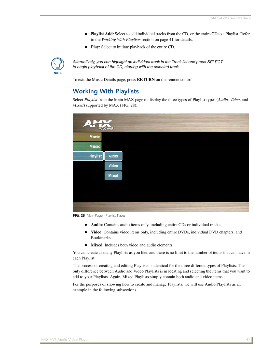 Arkon MAX-AVP manual Working With Playlists, Main Page Playlist Types 