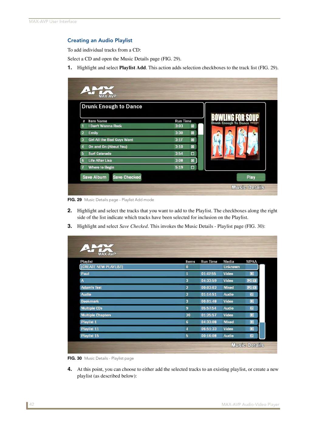 Arkon MAX-AVP manual Creating an Audio Playlist, Music Details page Playlist Add mode 