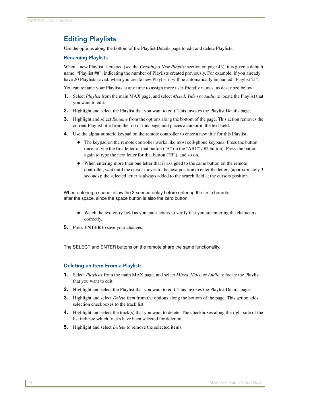 Arkon MAX-AVP manual Editing Playlists, Renaming Playlists, Deleting an Item From a Playlist 