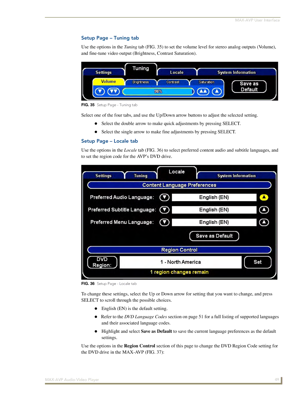 Arkon MAX-AVP manual Setup Page Tuning tab, Setup Page Locale tab 