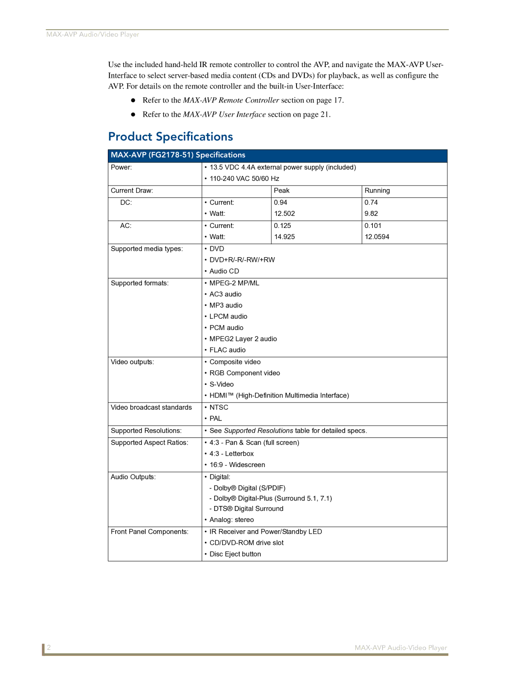 Arkon manual Product Specifications, MAX-AVP FG2178-51 Specifications 