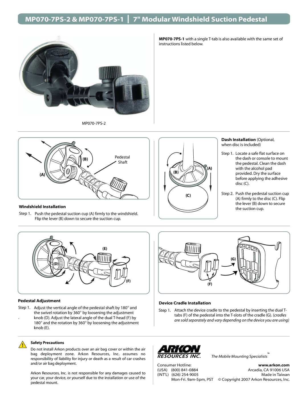 Arkon MP070-7PS-1 manual Windshield Installation, Dash Installation Optional, Pedestal Adjustment, Safety Precautions 