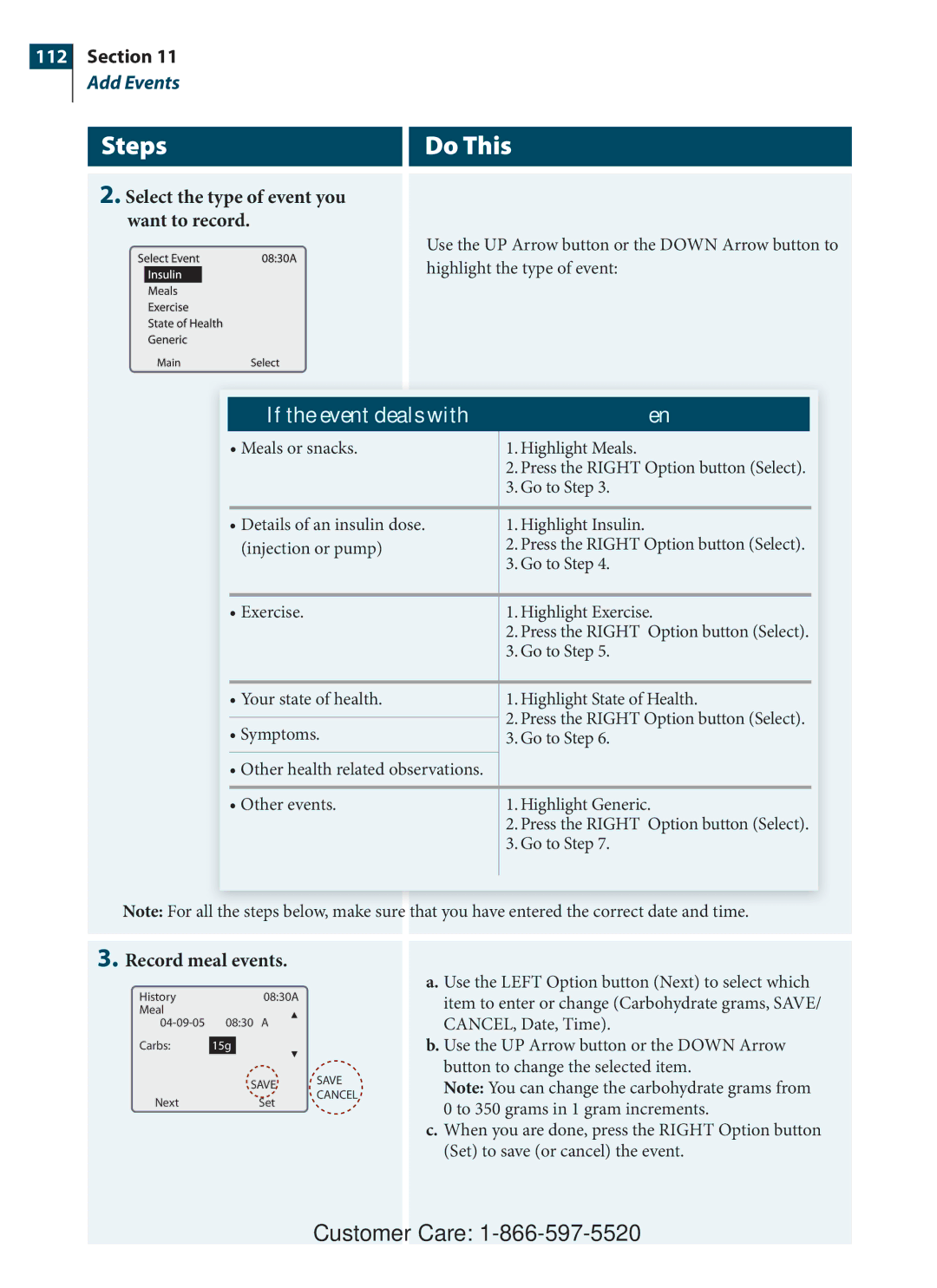 Arkon PRT03831-xxx manual Select the type of event you want to record, Record meal events 