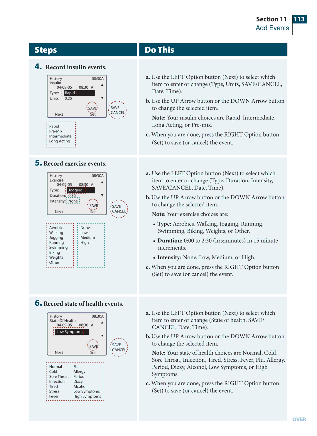 Arkon PRT03831-xxx manual Record insulin events, Record state of health events, Record exercise events 