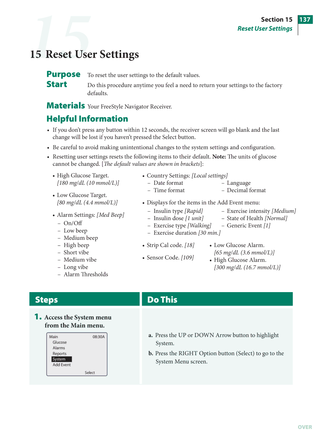 Arkon PRT03831-xxx manual Reset User Settings, Access the System menu from the Main menu 