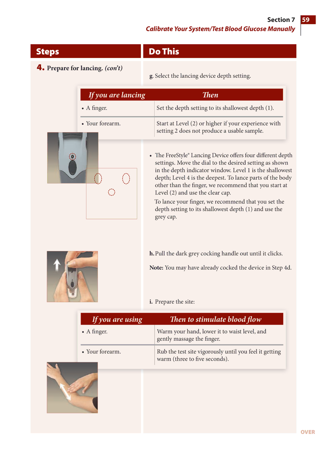 Arkon PRT03831-xxx Prepare for lancing. con’t, Finger, Your forearm, FreeStyle Lancing Device offers four different depth 