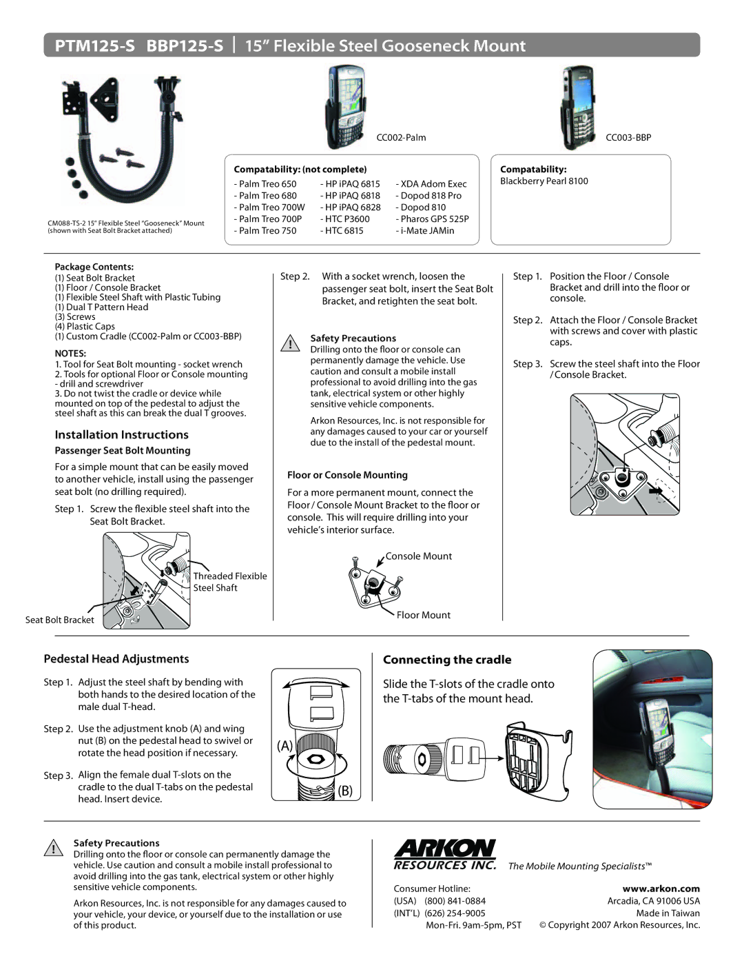 Arkon BBP125-S installation instructions Installation Instructions, Pedestal Head Adjustments, Connecting the cradle 