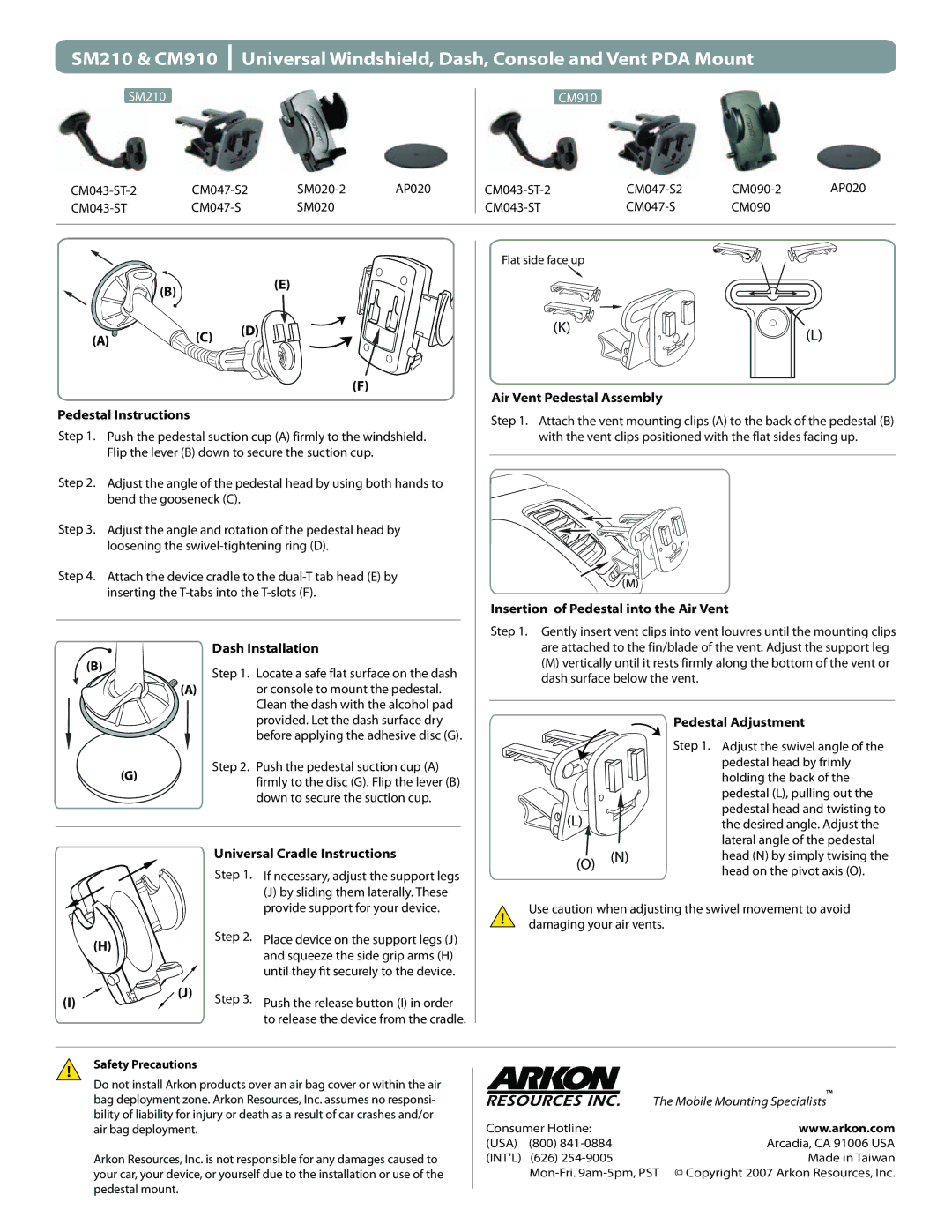 Arkon SM210 manual Pedestal Instructions, Dash Installation, Or console to mount the pedestal, Air Vent Pedestal Assembly 