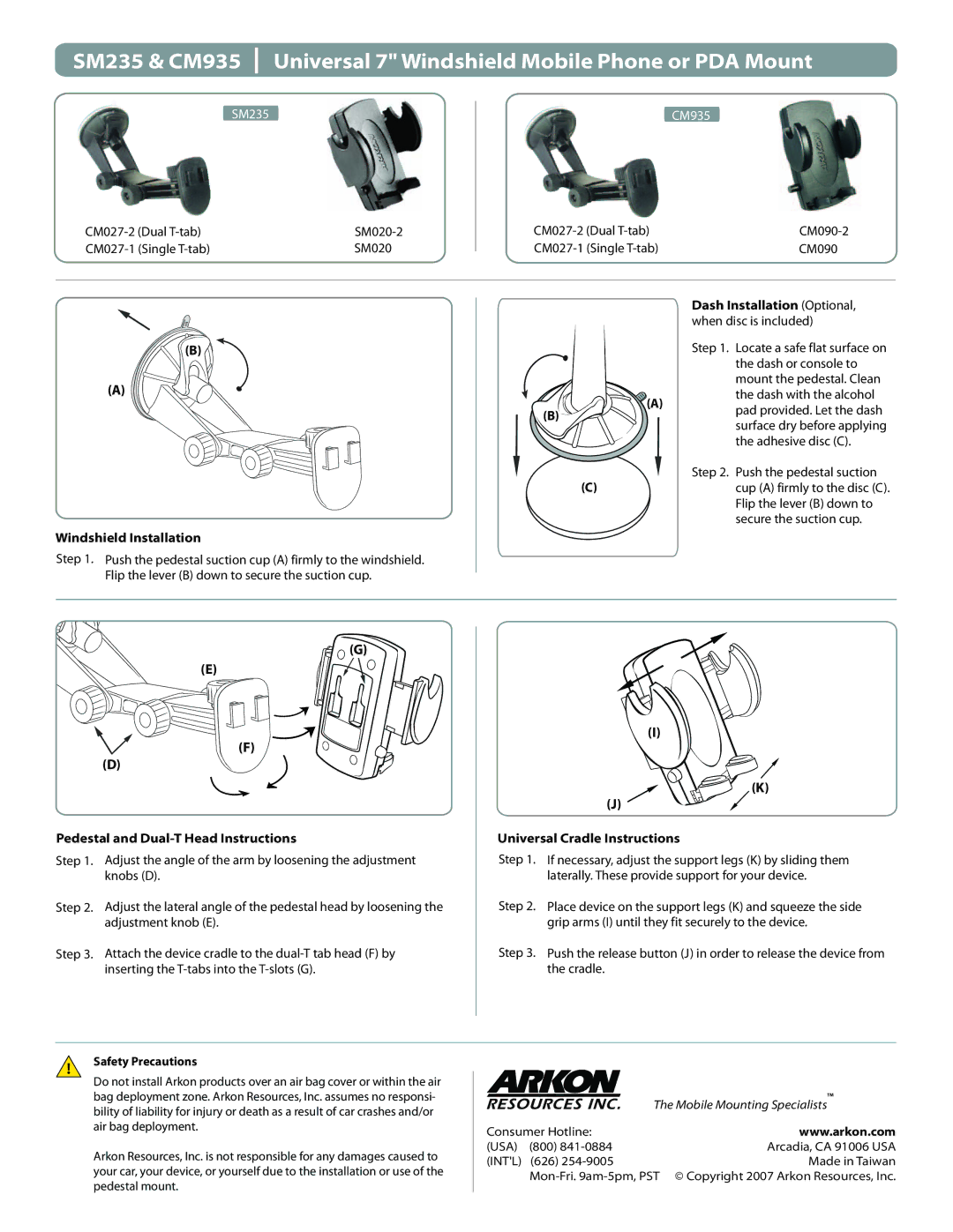 Arkon CM395, SM235 manual Windshield Installation, Dash Installation Optional, Pedestal and Dual-T Head Instructions 