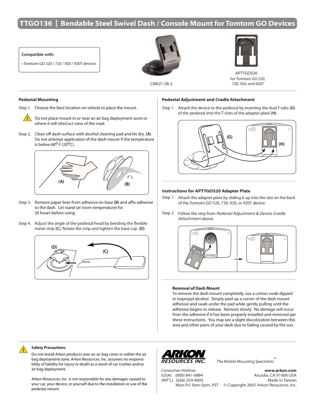 Arkon TTGO136 manual Compatible with, Pedestal Mounting, Pedestal Adjustment and Cradle Attachment, Safety Precautions 