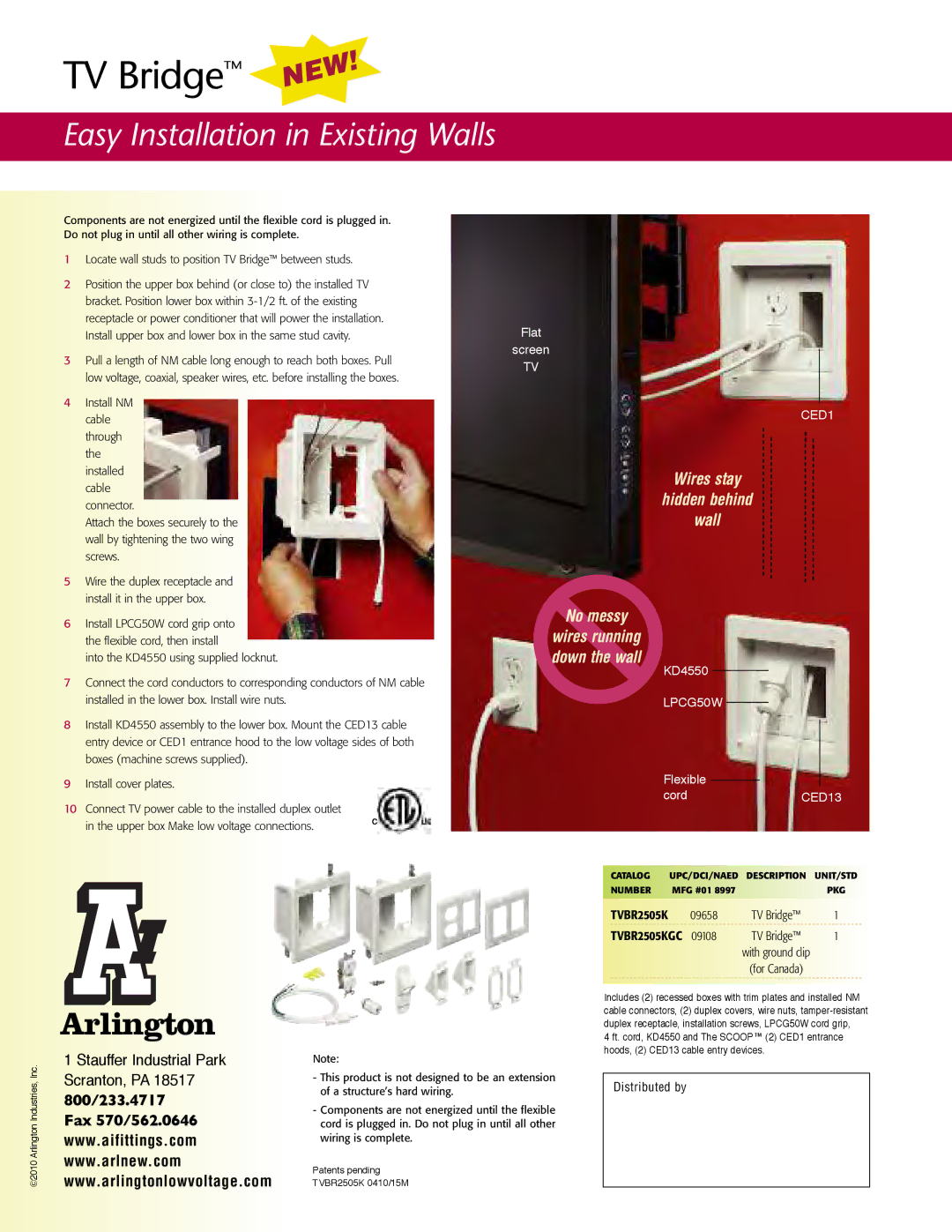 Arlington TVBR2505K manual Easy Installation in Existing Walls, Wires stay Hidden behind Wall No messy, CED1, LPCG50W 