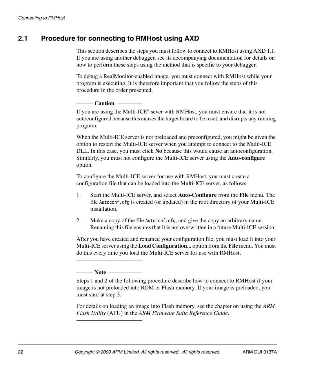 ARM ARM DUI 0137A manual Procedure for connecting to RMHost using AXD 