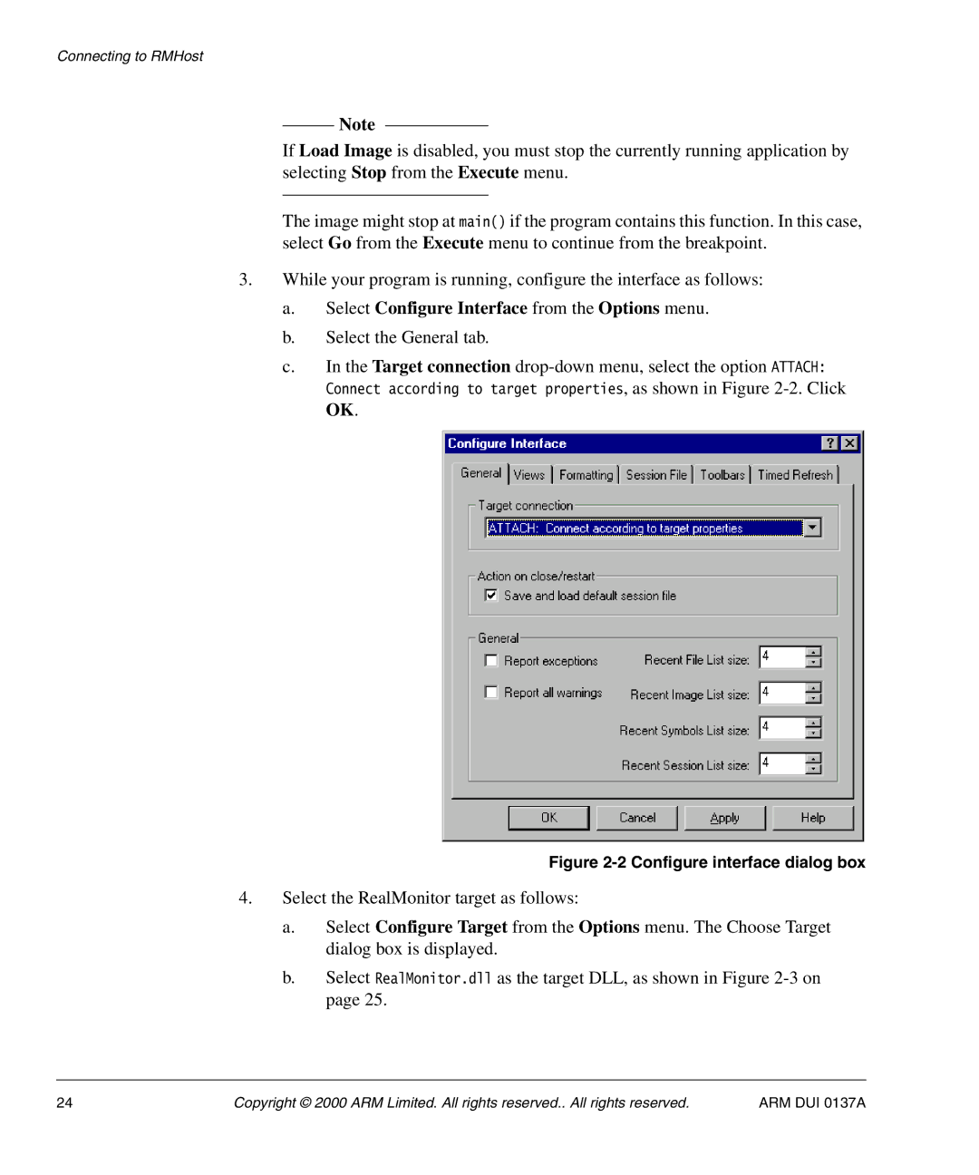 ARM ARM DUI 0137A manual Select Configure Interface from the Options menu, Configure interface dialog box 