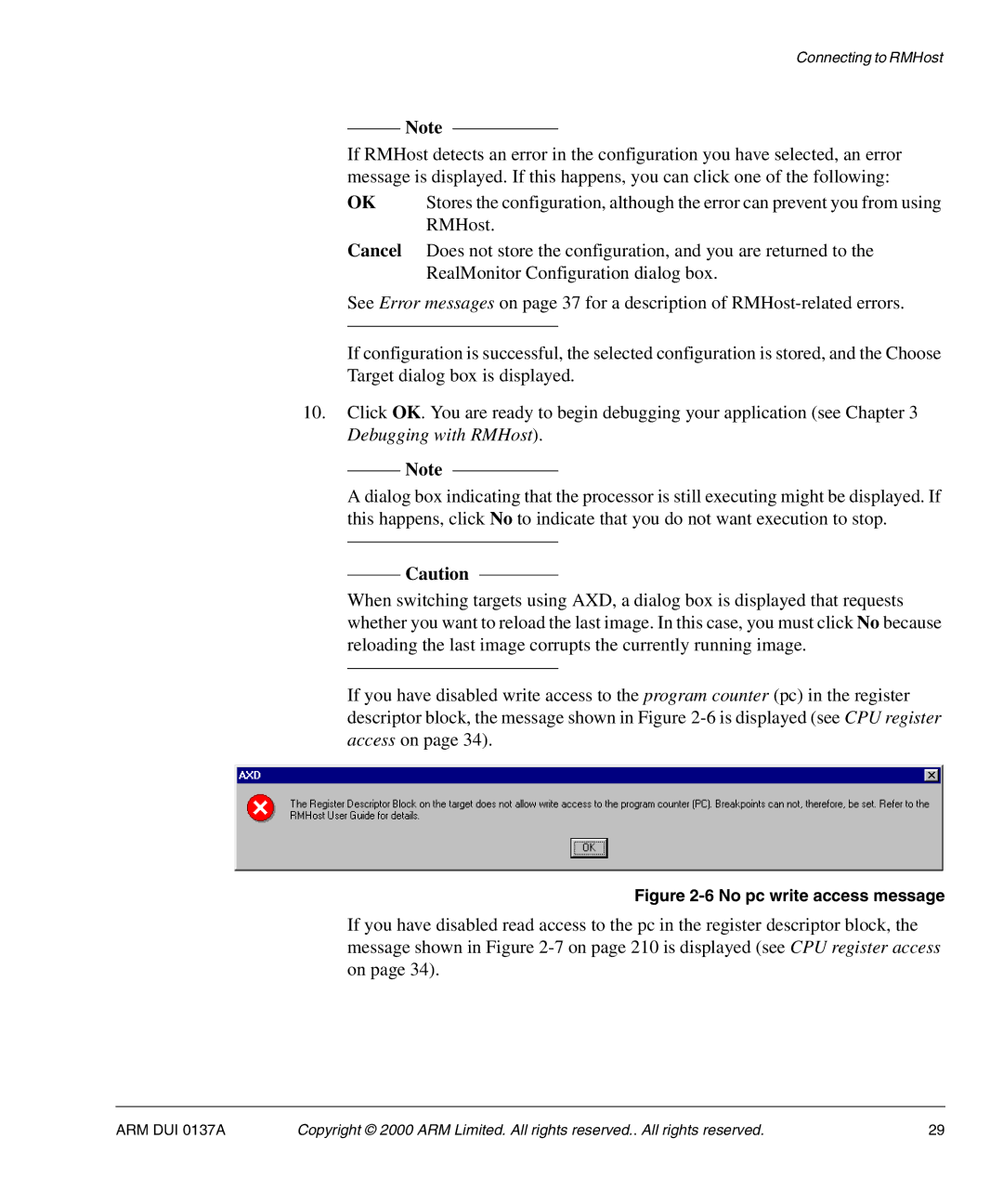 ARM ARM DUI 0137A manual Cancel, No pc write access message 