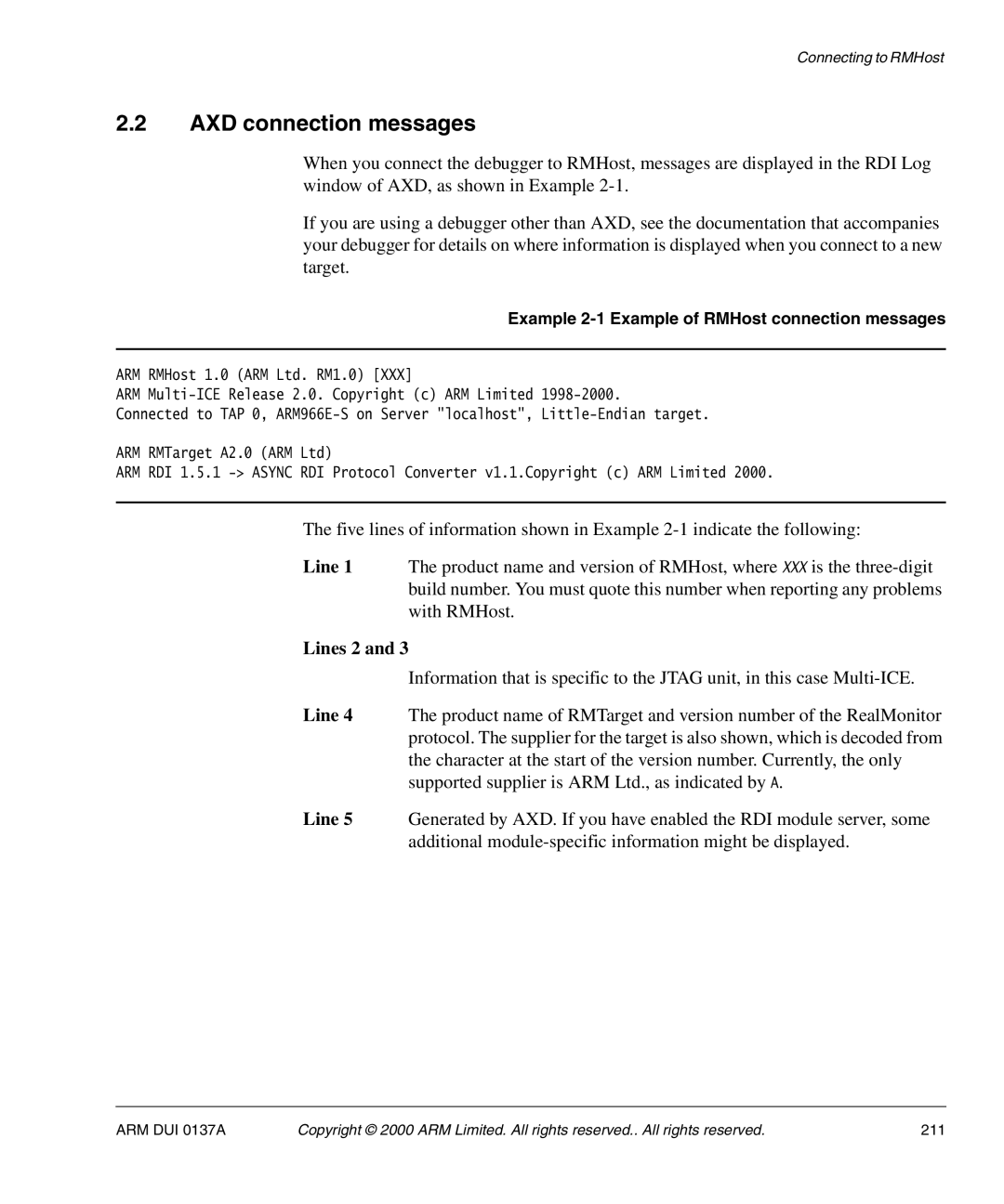 ARM ARM DUI 0137A manual AXD connection messages, Lines 2 