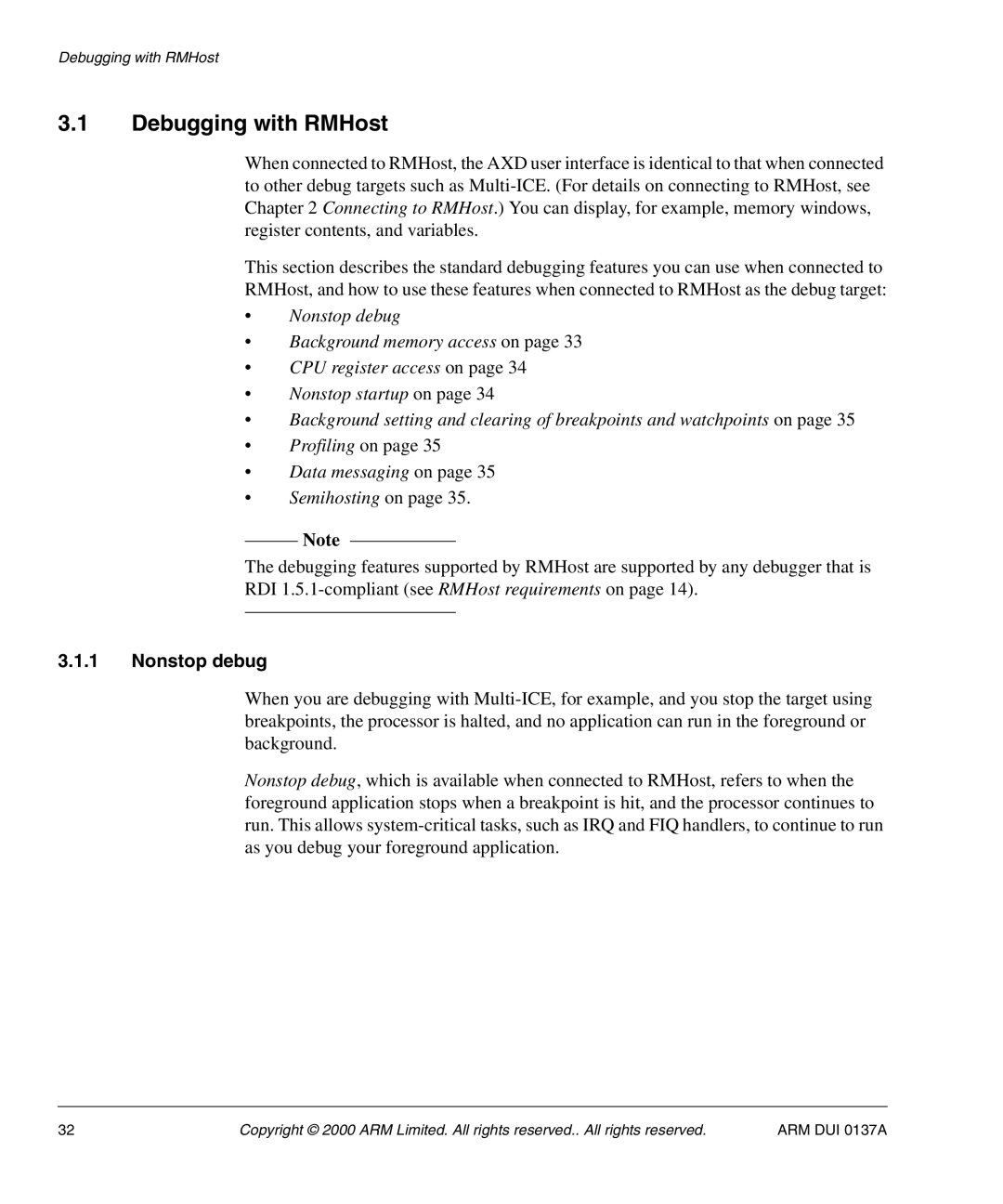 ARM ARM DUI 0137A manual Debugging with RMHost, Nonstop debug 